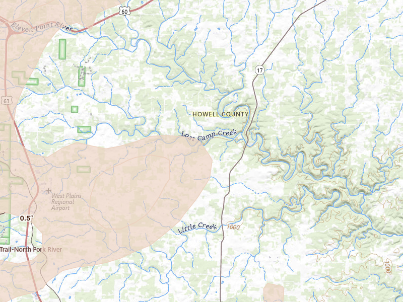 Radar-estimated hail-size map of the storm over Pomona, MO on Jul 10, 2026