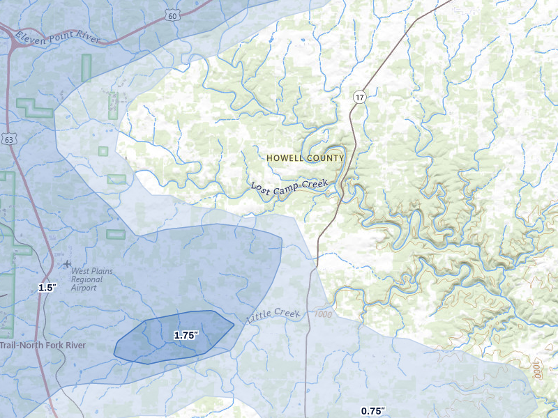 NEXRAD radar-signature map of the hail storm over Pomona, MO on Jul 10, 2026