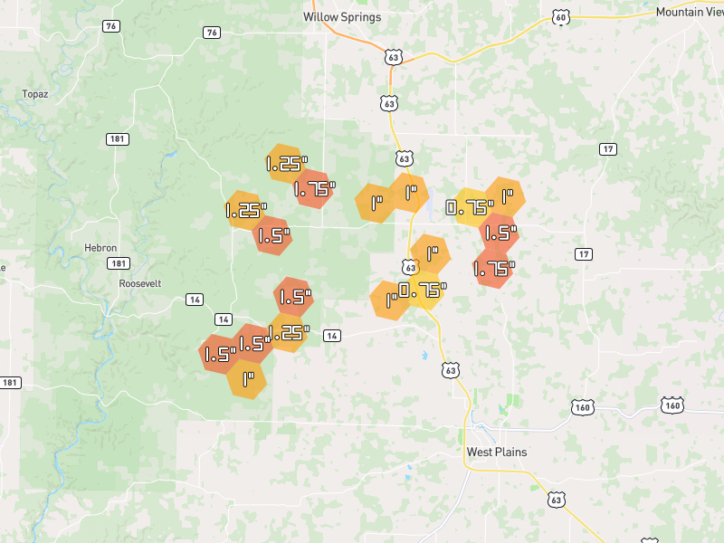 Hail map of Pomona, MO on Jul 10, 2026, hail up to 1.75"
