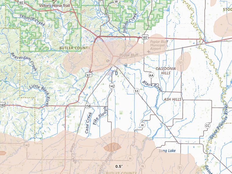 Radar-estimated hail-size map of the storm over Poplar Bluff, MO on Apr 16, 2026