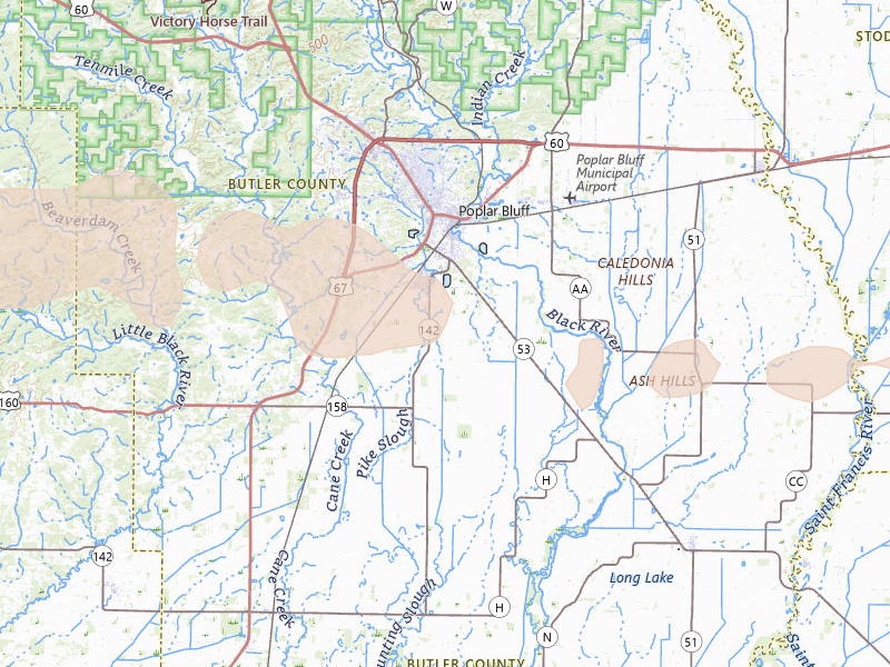 Radar-estimated hail-size map of the storm over Poplar Bluff, MO on Apr 27, 2026