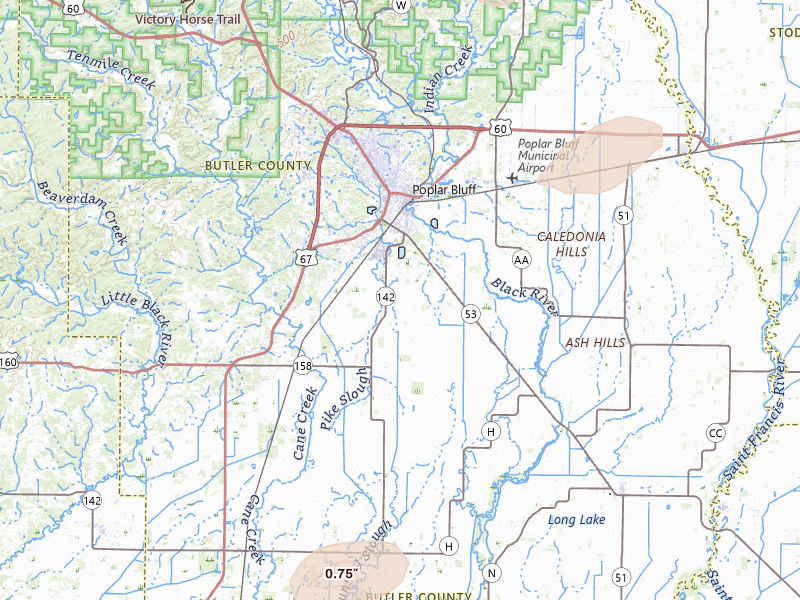 Radar-estimated hail-size map of the storm over Poplar Bluff, MO on Jun 9, 2026