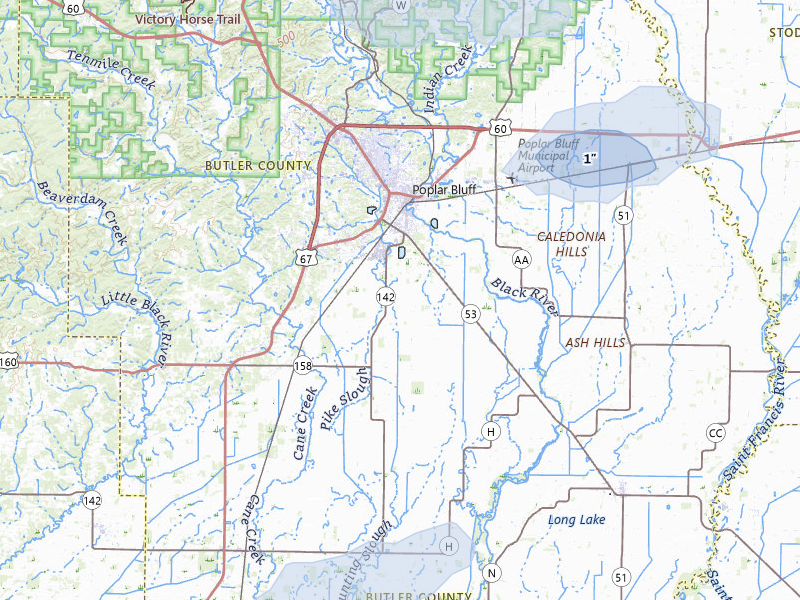 NEXRAD radar-signature map of the hail storm over Poplar Bluff, MO on Jun 9, 2026