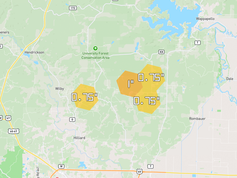 Hail map of Poplar Bluff, MO on Jun 9, 2026, hail up to 1"