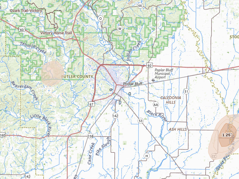 Radar-estimated hail-size map of the storm over Poplar Bluff, MO on Jul 4, 2026