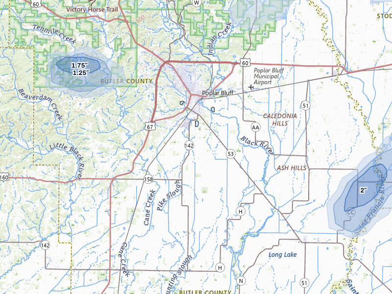 NEXRAD radar-signature map of the hail storm over Poplar Bluff, MO on Jul 4, 2026