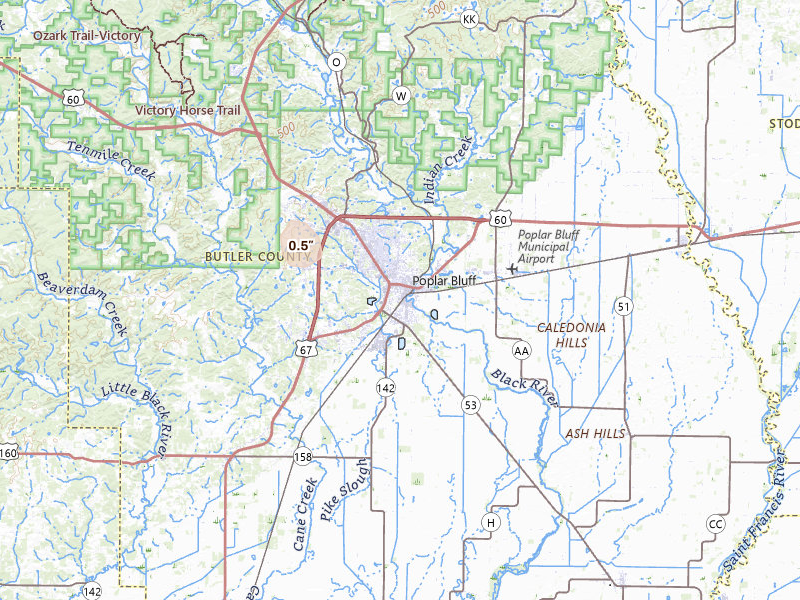 Radar-estimated hail-size map of the storm over Poplar Bluff, MO on Jul 6, 2026
