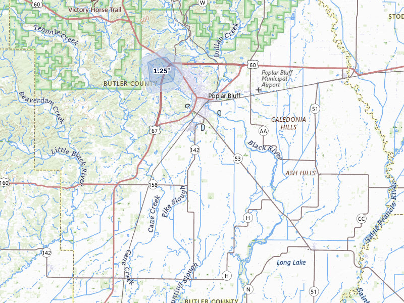 NEXRAD radar-signature map of the hail storm over Poplar Bluff, MO on Jul 6, 2026