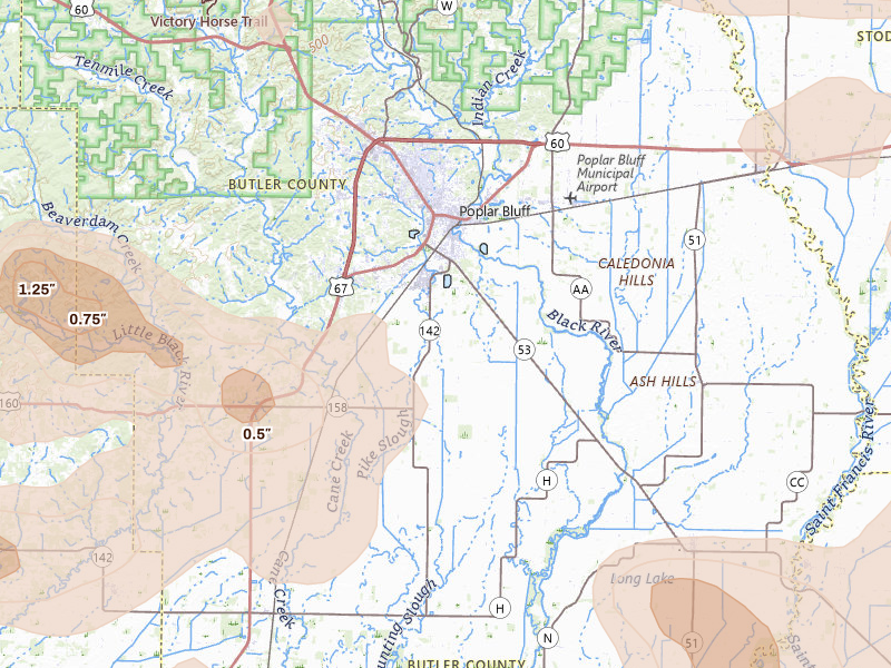 Radar-estimated hail-size map of the storm over Poplar Bluff, MO on Jul 9, 2026