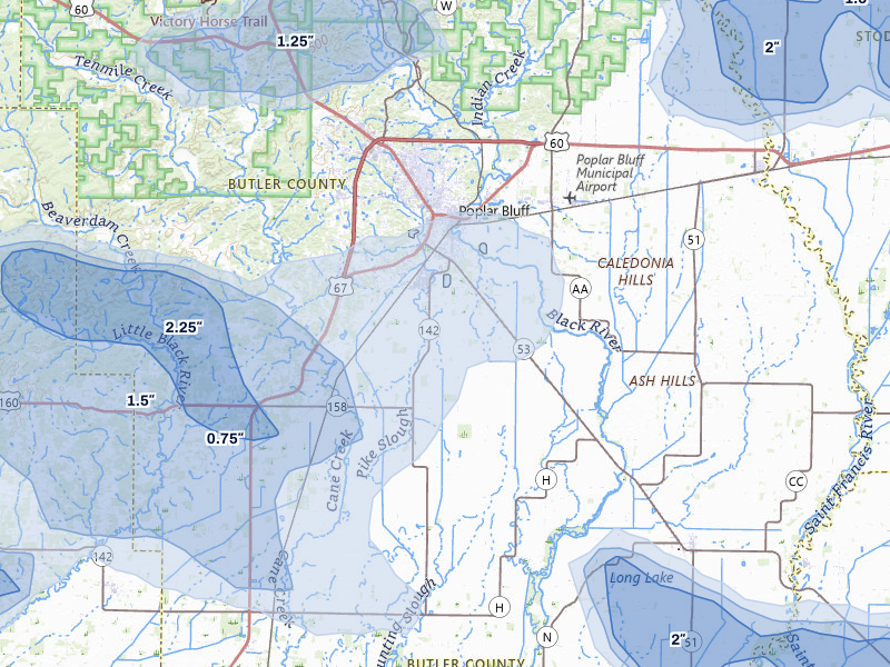 NEXRAD radar-signature map of the hail storm over Poplar Bluff, MO on Jul 9, 2026