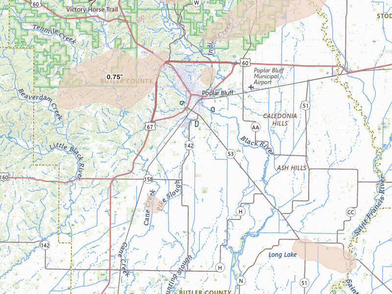 Radar-estimated hail-size map of the storm over Poplar Bluff, MO on Jul 10, 2026