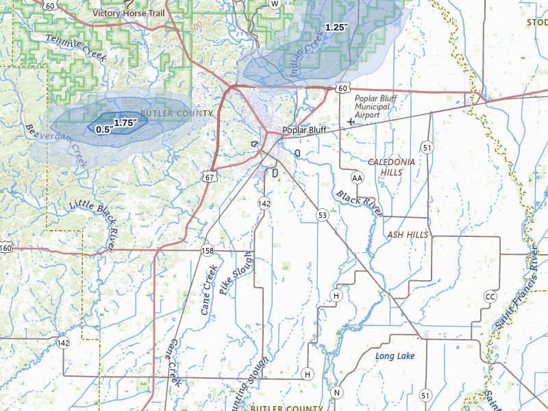 NEXRAD radar-signature map of the hail storm over Poplar Bluff, MO on Jul 10, 2026