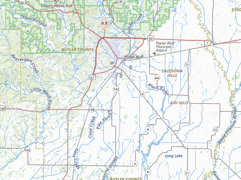 Radar-estimated hail-size map of the storm over Poplar Bluff, MO on Jul 21, 2026