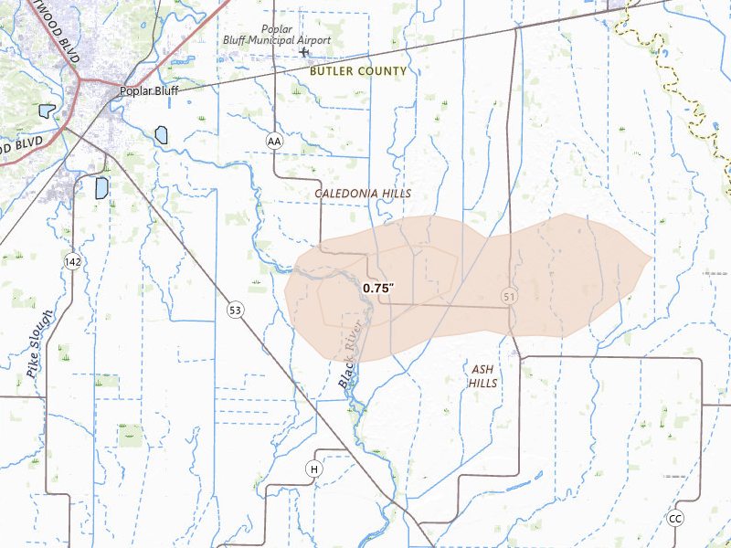 Radar-estimated hail-size map of the storm over Poplar Bluff, MO on Aug 19, 2026