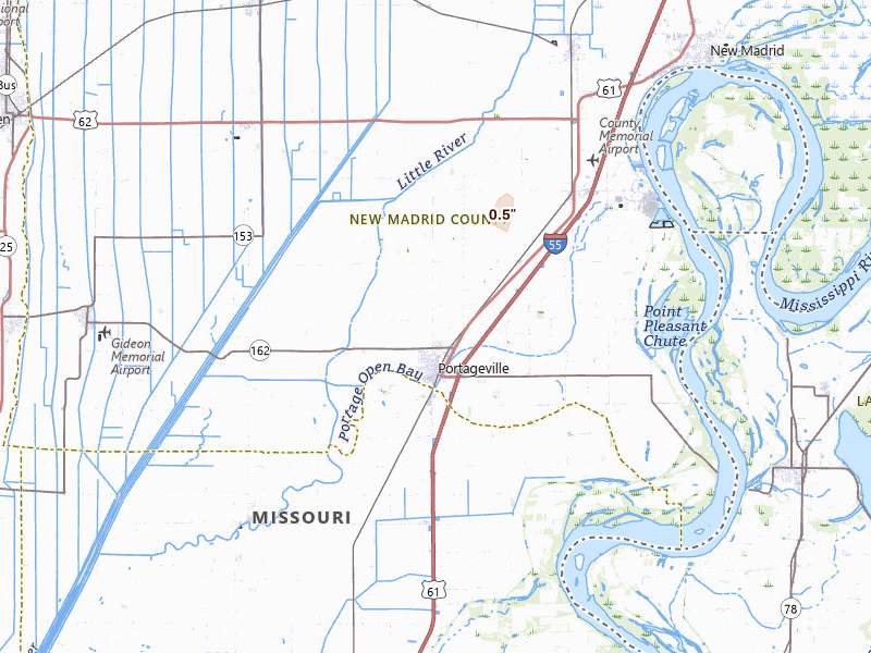 Radar-estimated hail-size map of the storm over Portageville, MO on Mar 15, 2026