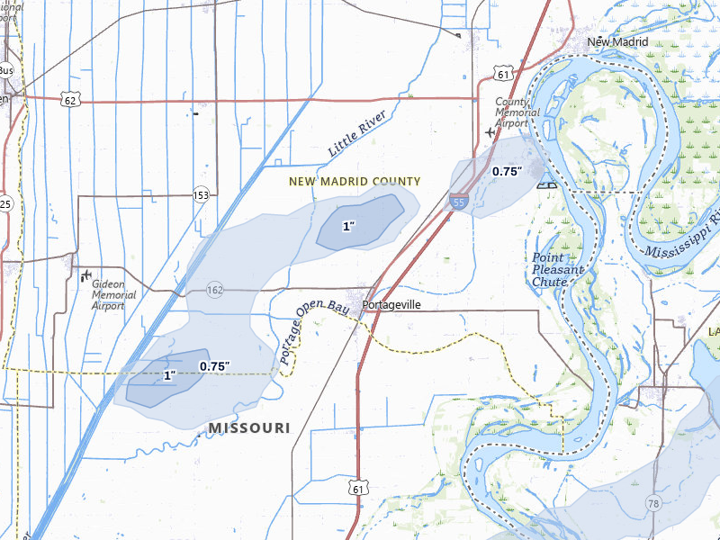 NEXRAD radar-signature map of the hail storm over Portageville, MO on Mar 15, 2026