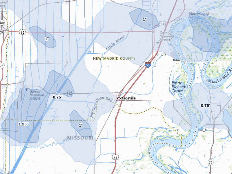 NEXRAD radar-signature map of the hail storm over Portageville, MO on Jul 9, 2026