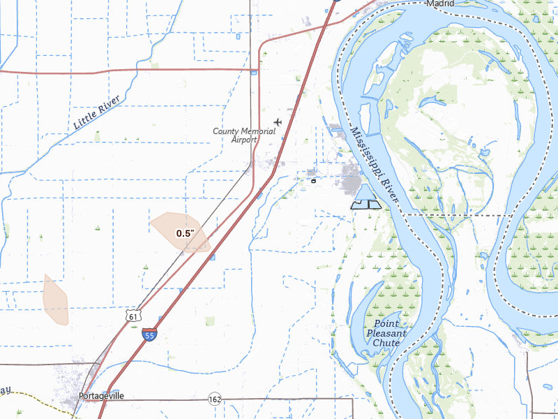 Radar-estimated hail-size map of the storm over Portageville, MO on Jul 18, 2026
