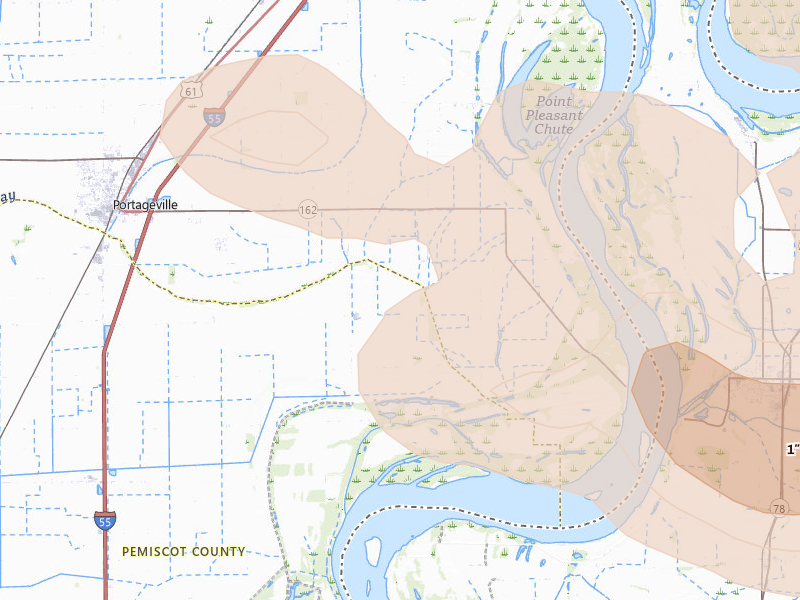 Radar-estimated hail-size map of the storm over Portageville, MO on Aug 26, 2026