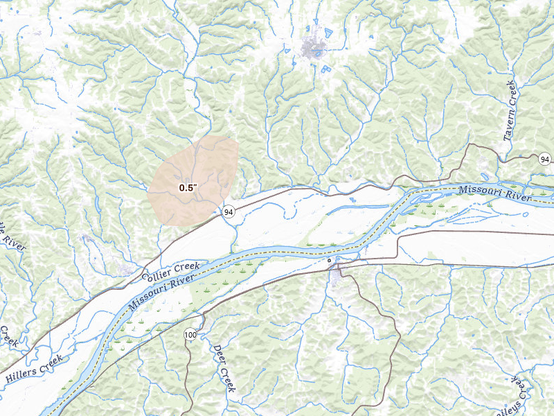 Radar-estimated hail-size map of the storm over Portland, MO on Apr 27, 2026