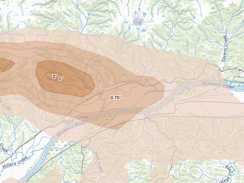 Radar-estimated hail-size map of the storm over Portland, MO on Jul 31, 2026
