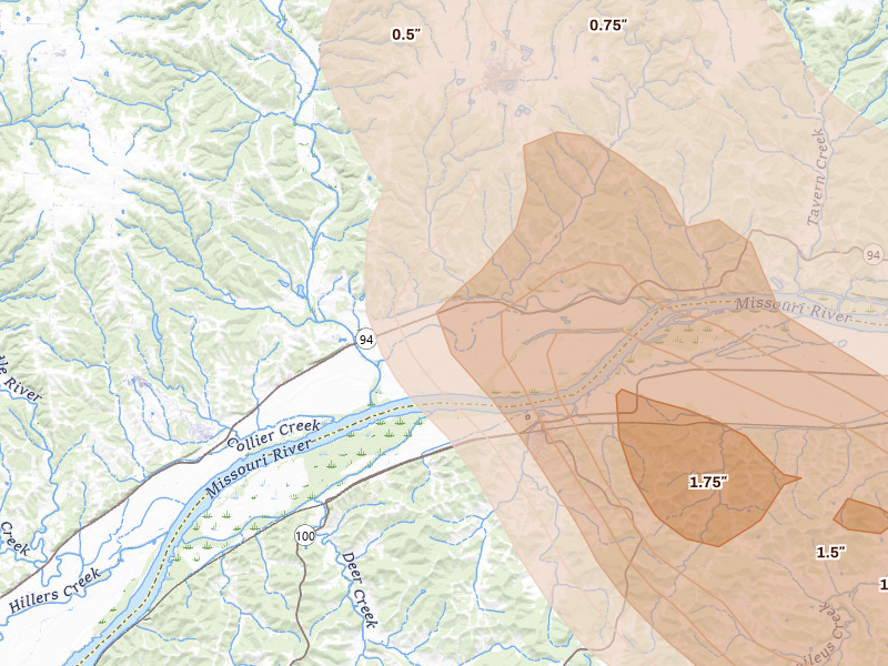 Radar-estimated hail-size map of the storm over Portland, MO on Aug 12, 2026