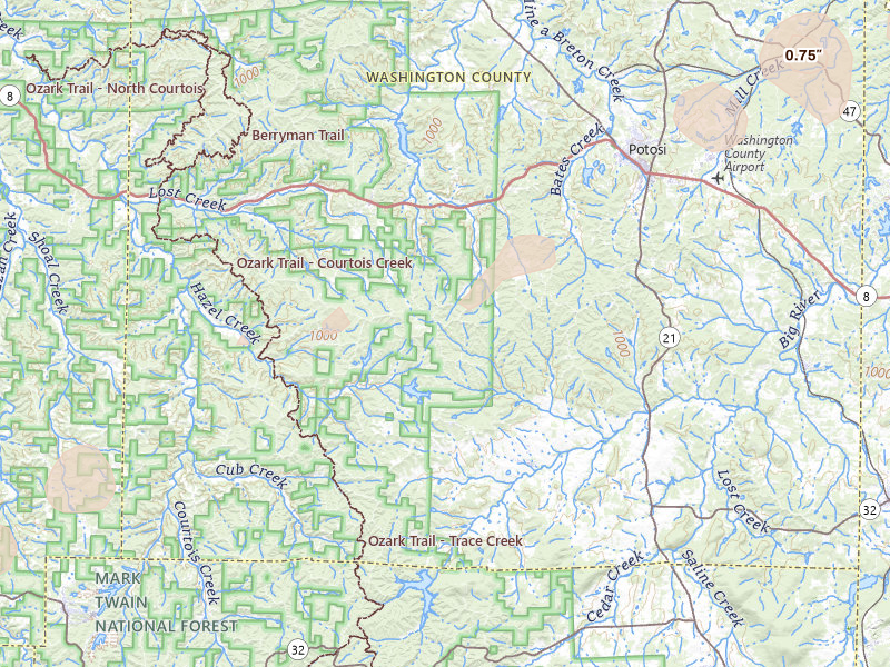 Radar-estimated hail-size map of the storm over Potosi, MO on Mar 4, 2026