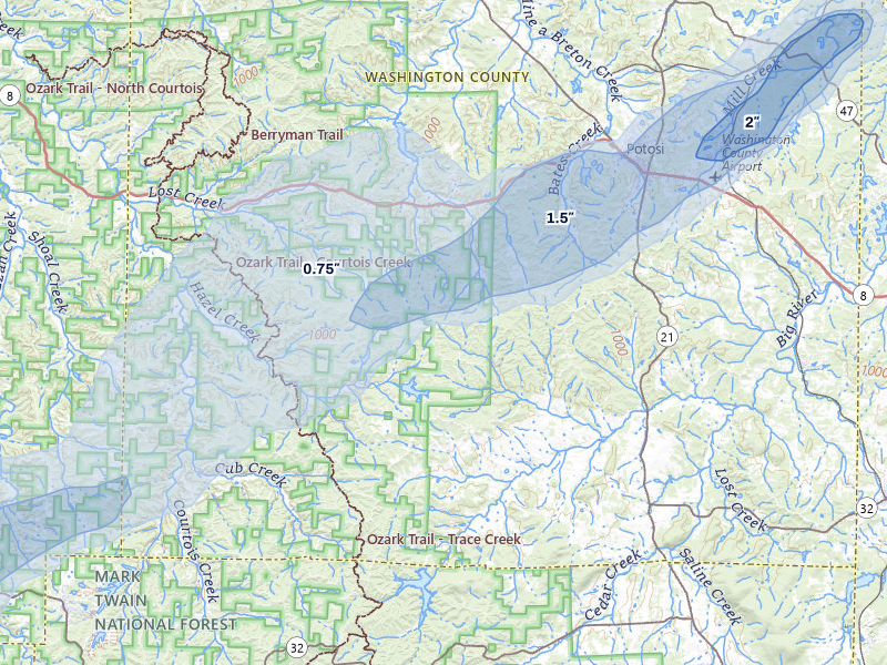 NEXRAD radar-signature map of the hail storm over Potosi, MO on Mar 4, 2026