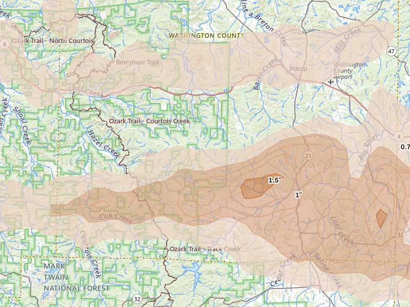 Radar-estimated hail-size map of the storm over Potosi, MO on Apr 26, 2026