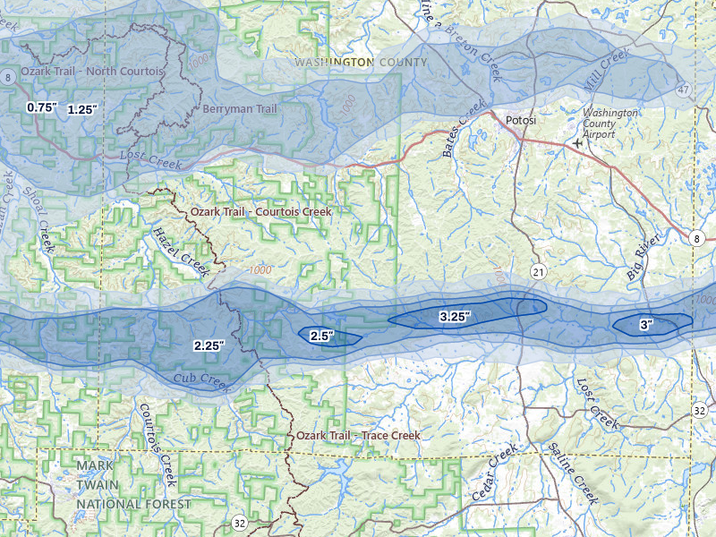 NEXRAD radar-signature map of the hail over Potosi, MO