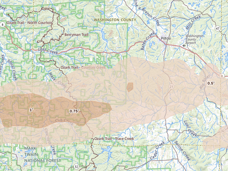 Radar-estimated hail-size map of the storm over Potosi, MO on Apr 27, 2026