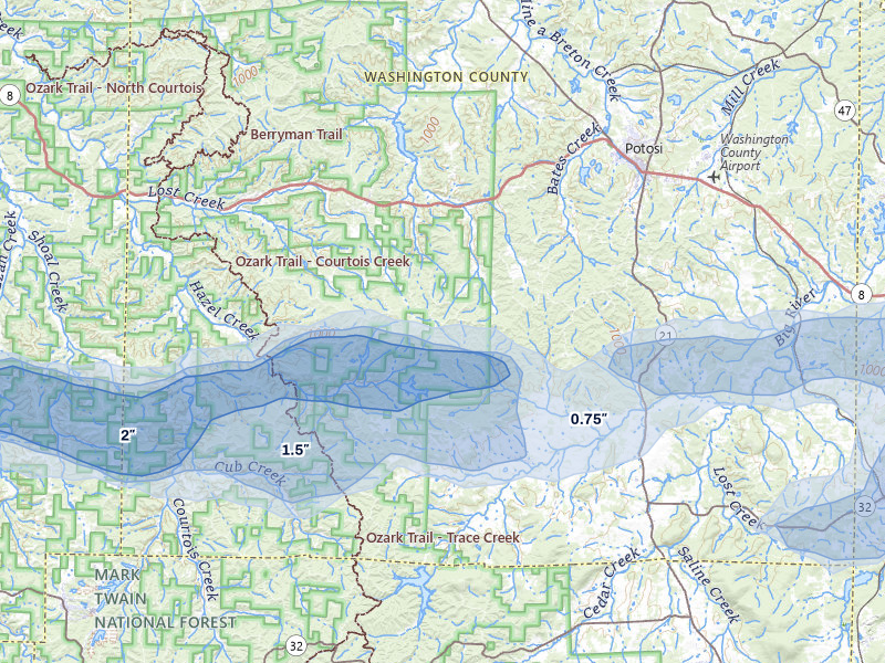 NEXRAD radar-signature map of the hail over Potosi, MO