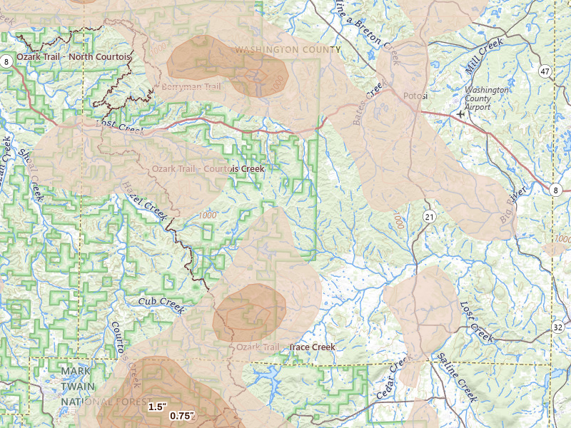 Radar-estimated hail-size map of the storm over Potosi, MO on May 31, 2026