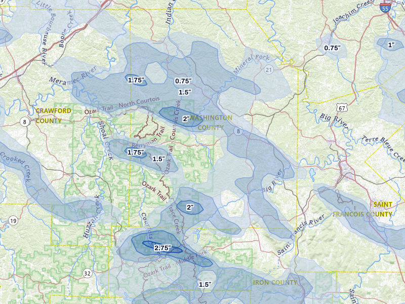 NEXRAD radar-signature map of the hail storm over Potosi, MO on May 31, 2026