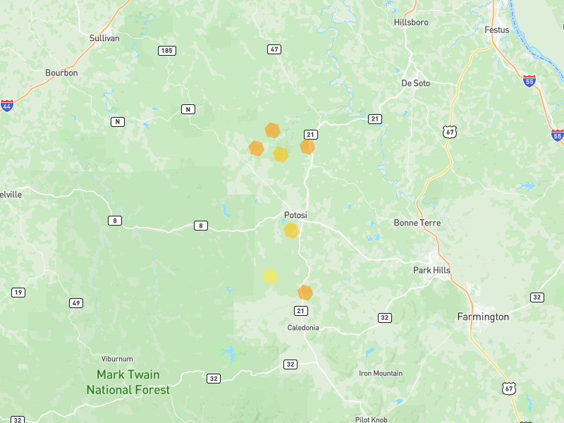 Hail map of Potosi, MO on Jun 1, 2026, hail up to 1.25"