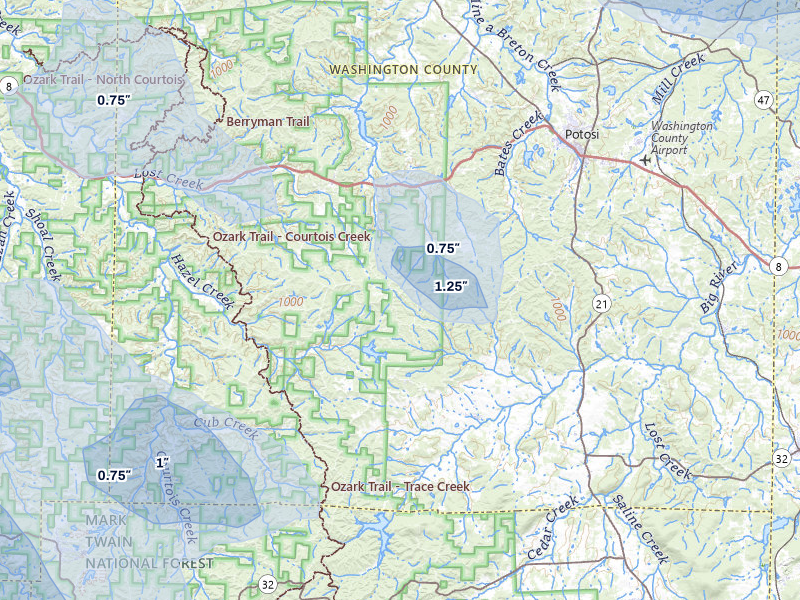 NEXRAD radar-signature map of the hail storm over Potosi, MO on Jul 9, 2026