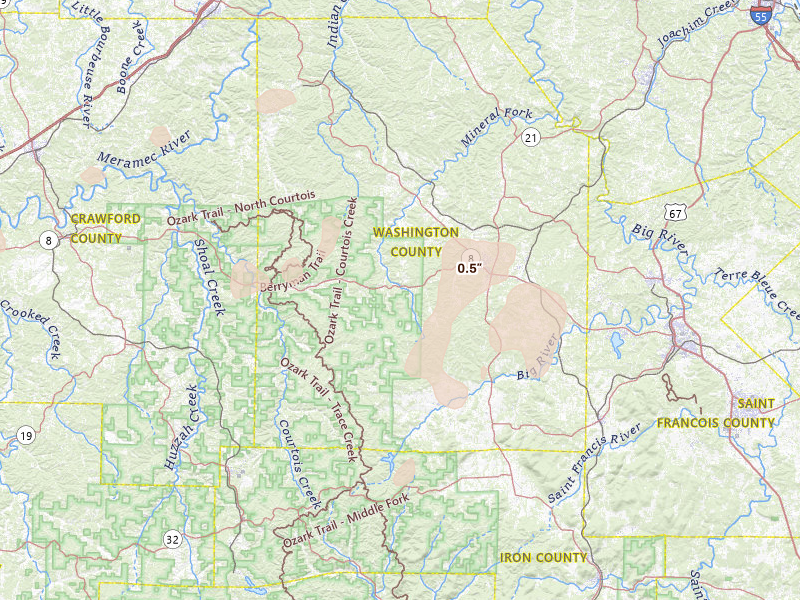 Radar-estimated hail-size map of the storm over Potosi, MO on Aug 5, 2026