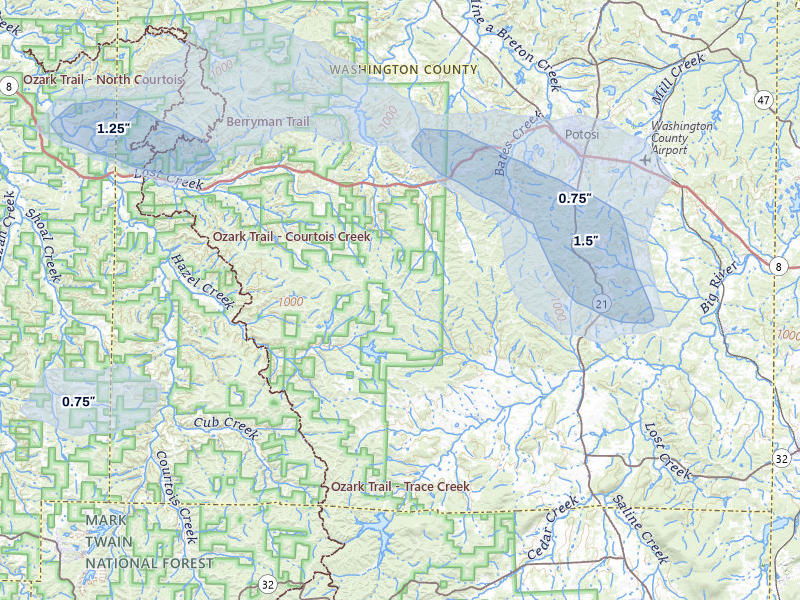 NEXRAD radar-signature map of the hail storm over Potosi, MO on Aug 5, 2026