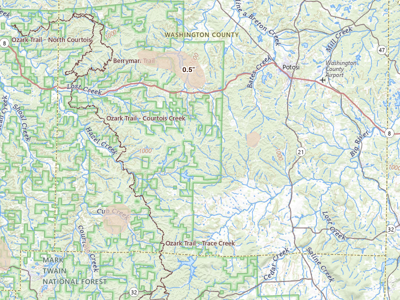 Radar-estimated hail-size map of the storm over Potosi, MO on Aug 18, 2026