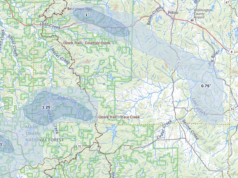 NEXRAD radar-signature map of the hail storm over Potosi, MO on Aug 18, 2026