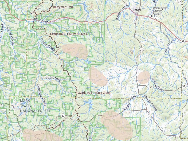Radar-estimated hail-size map of the storm over Potosi, MO on Aug 25, 2026