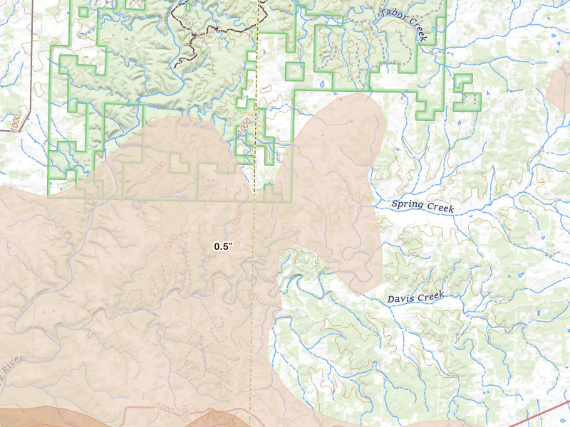 Radar-estimated hail-size map of the storm over Pottersville, MO on Apr 27, 2026