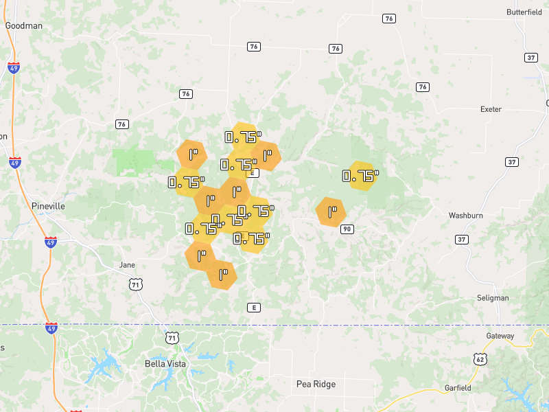 Hail map of Powell, MO on Jul 5, 2026, hail up to 1"