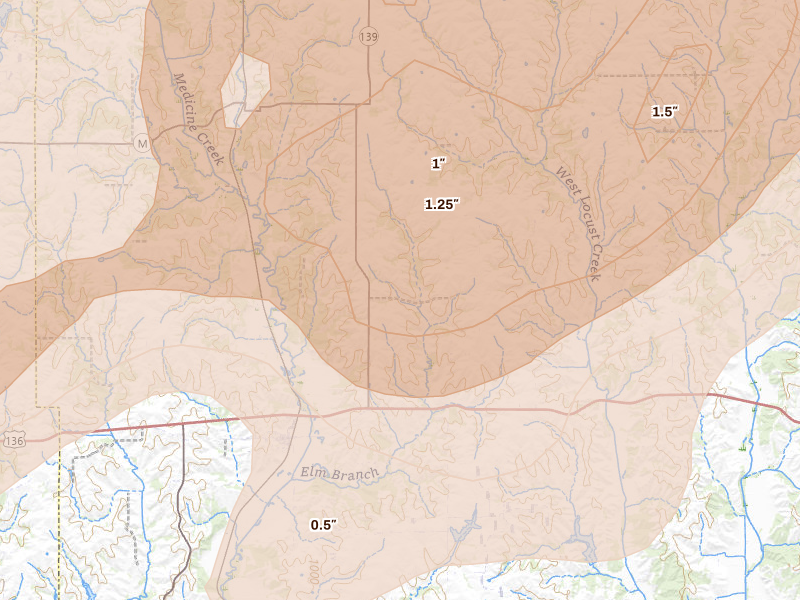 Radar-estimated hail-size map of the storm over Powersville, MO on Apr 17, 2026
