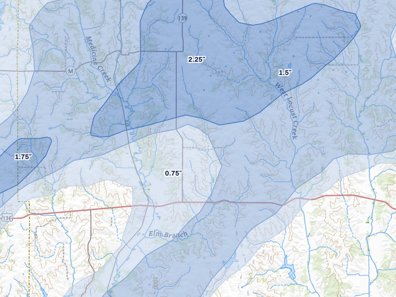 NEXRAD radar-signature map of the hail storm over Powersville, MO on Apr 17, 2026