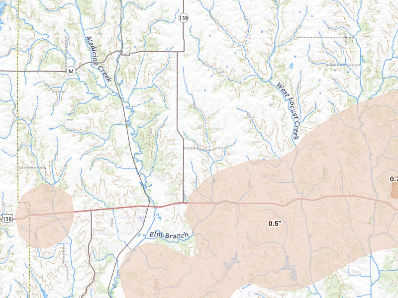 Radar-estimated hail-size map of the storm over Powersville, MO on Jun 10, 2026