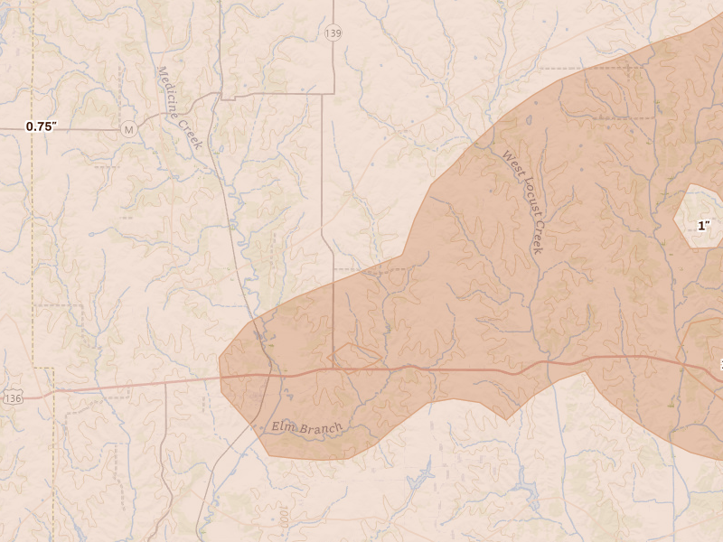 Radar-estimated hail-size map of the storm over Powersville, MO on Jun 11, 2026