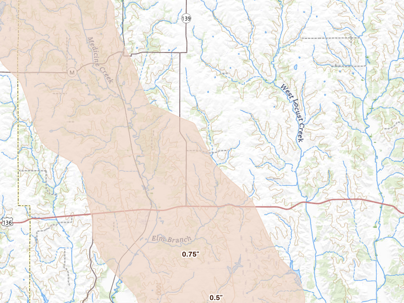 Radar-estimated hail-size map of the storm over Powersville, MO on Jul 20, 2026