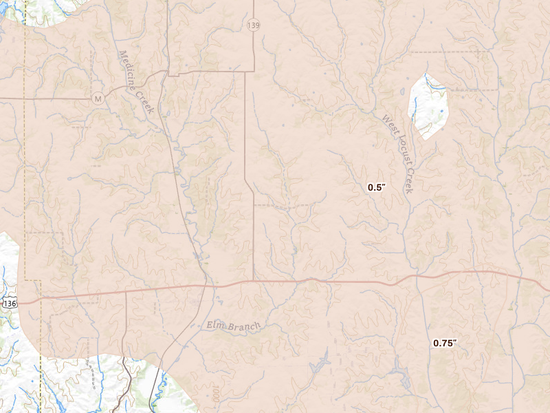 Radar-estimated hail-size map of the storm over Powersville, MO on Aug 4, 2026
