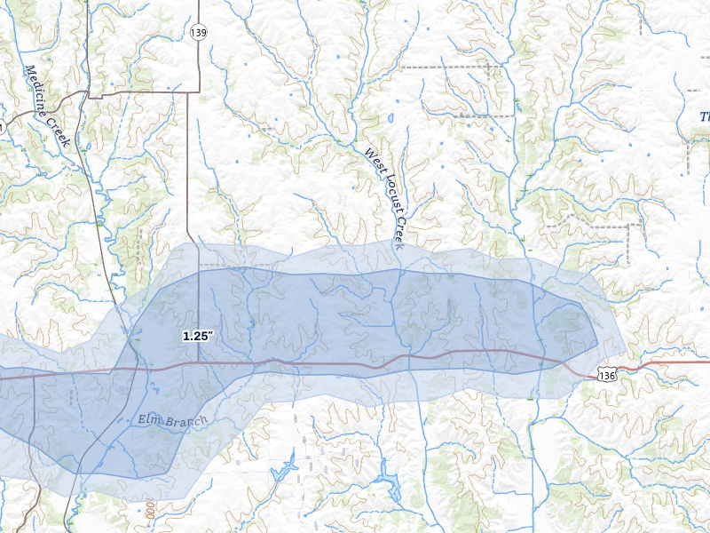 NEXRAD radar-signature map of the hail storm over Powersville, MO on Aug 4, 2026